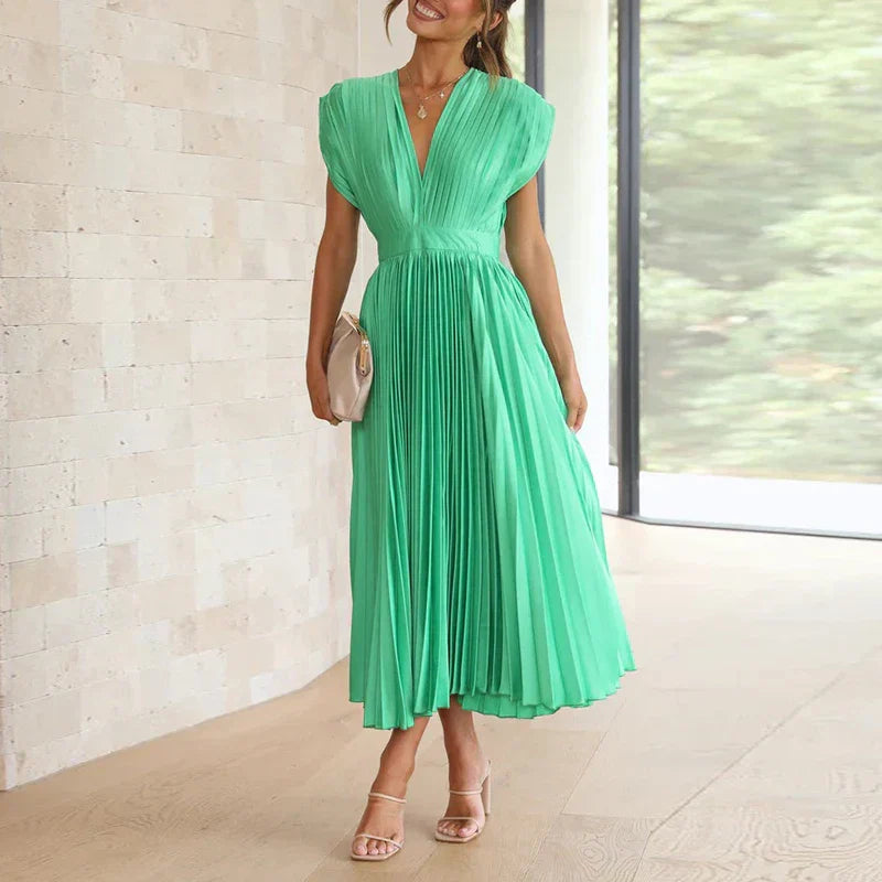 Damen Elegant Ärmellos Plissiert Maxikleid