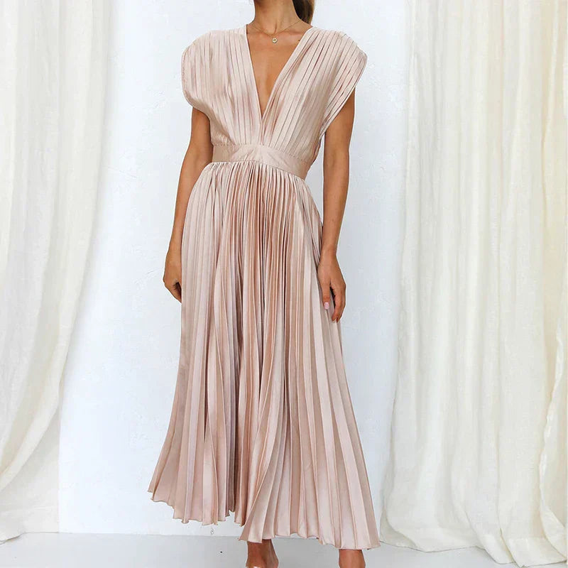 Damen Elegant Ärmellos Plissiert Maxikleid