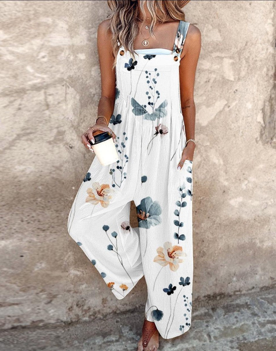 Sunny | Damen Latzhose Ärmellos Blumendruck Weites Bein Sommer