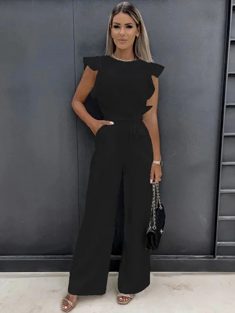 Damen Sommer Rüschen Schulter Bindegürtel Jumpsuit