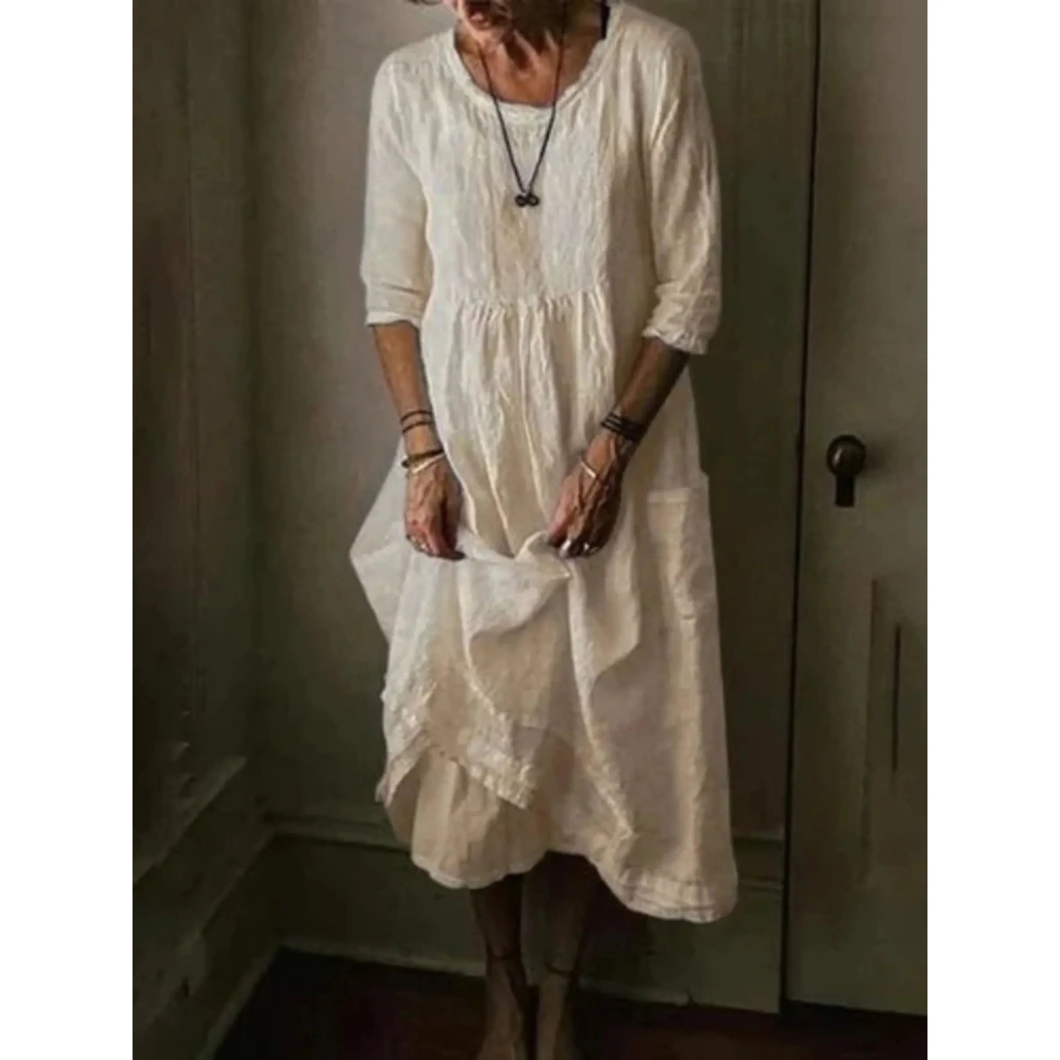 Damen Sommer Mehrlagig Leinen Midikleid