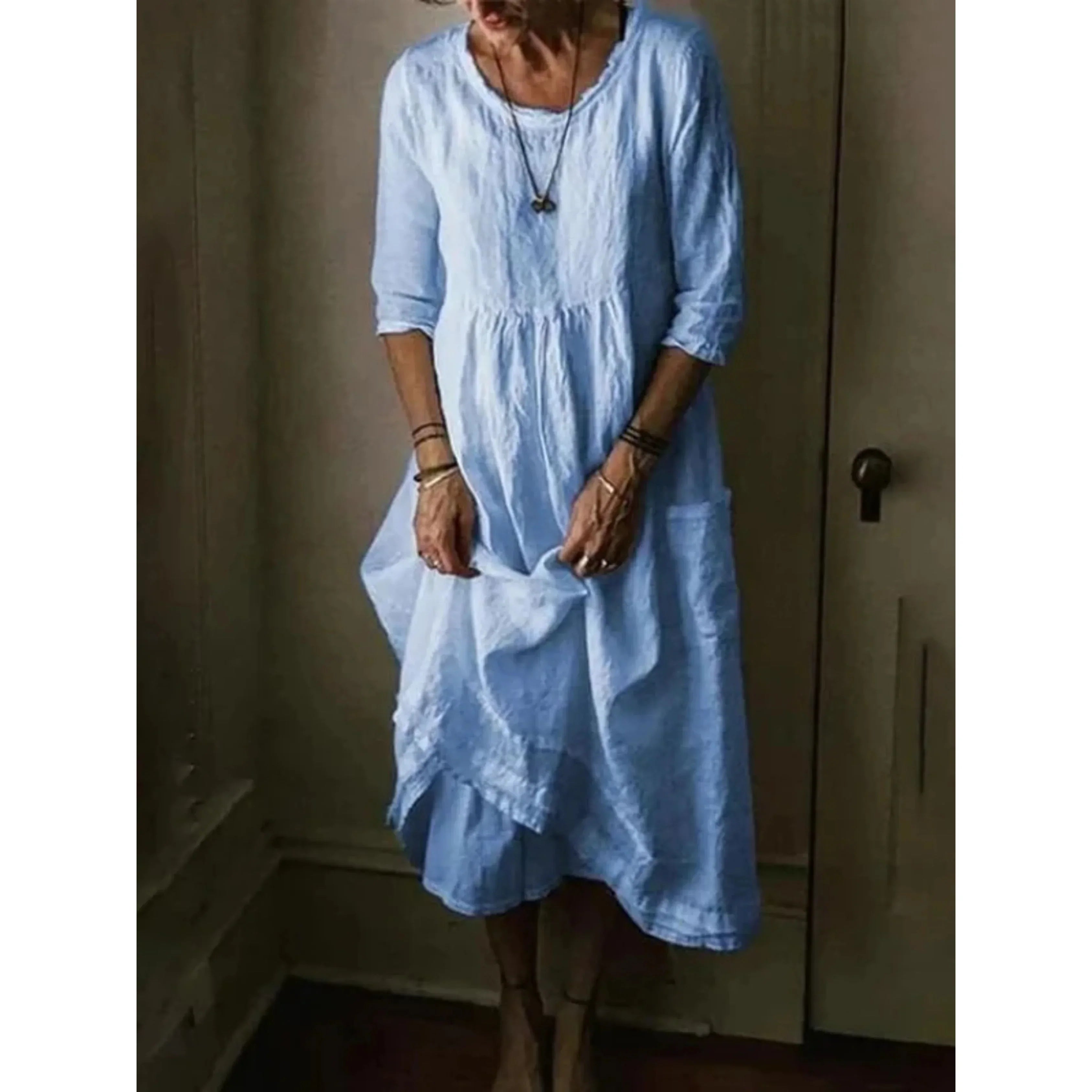 Damen Sommer Mehrlagig Leinen Midikleid