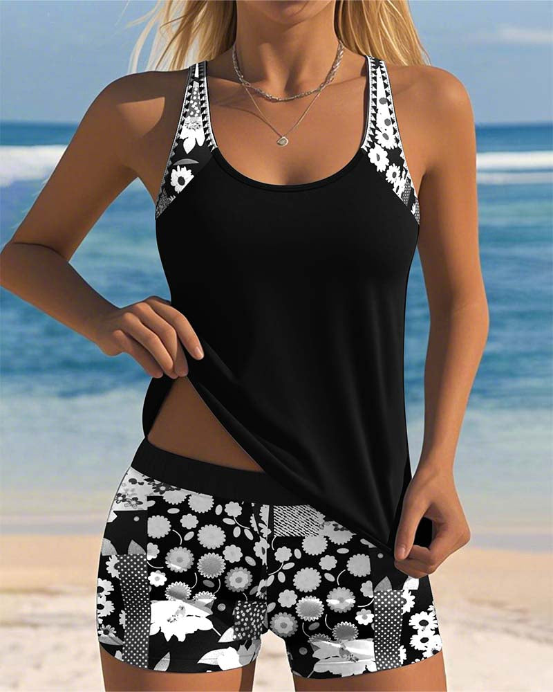 Damen Zweiteiliger Tankini Badeanzug mit Blumenmuster im Strand-Stil