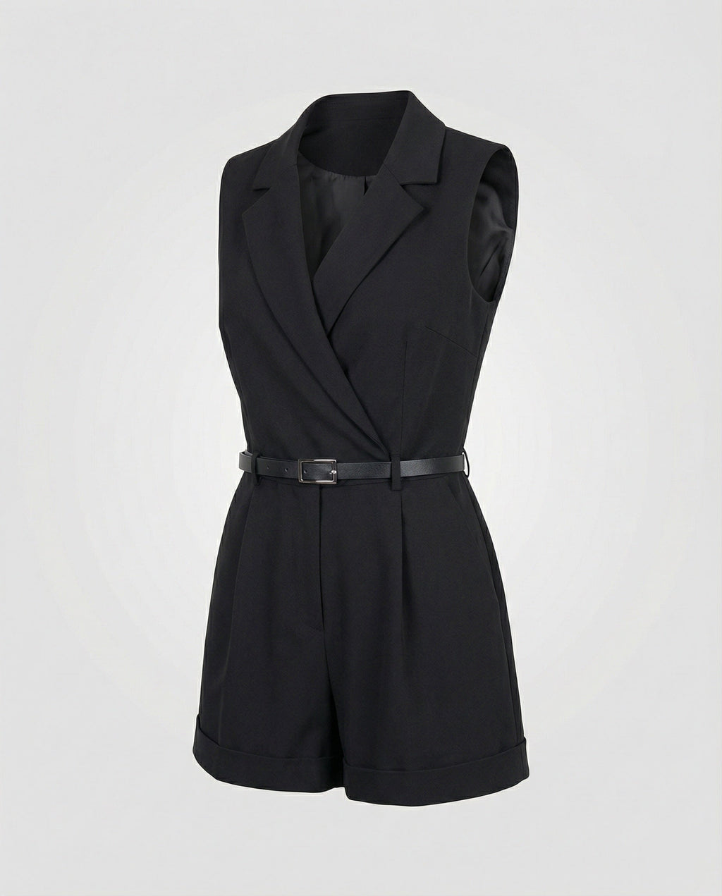 Eleganter ärmelloser Jumpsuit mit Reverskragen und Gürtel für Damen