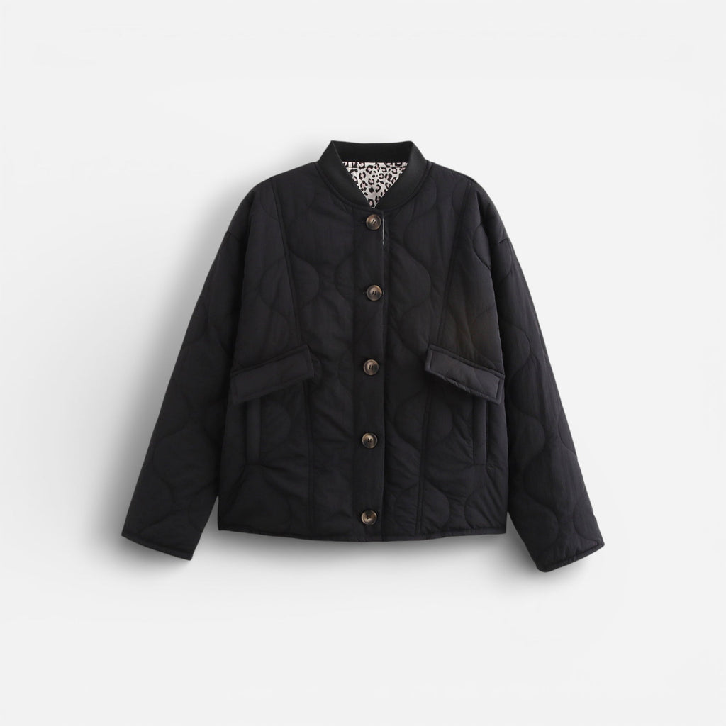 Leichte Steppjacke für Damen mit Leoparden-Details und ohne Kragen