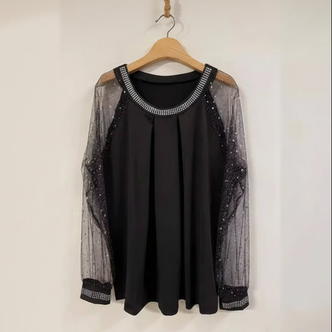 Langarm Top für Damen mit transparenten Meshärmeln und Pailletten