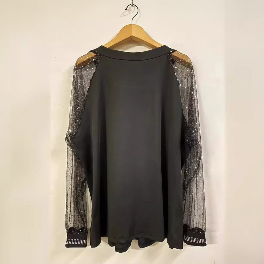 Langarm Top für Damen mit transparenten Meshärmeln und Pailletten