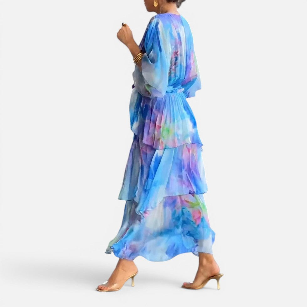 Midikleid Volants V Ausschnitt Dreiviertelarm Gemustert