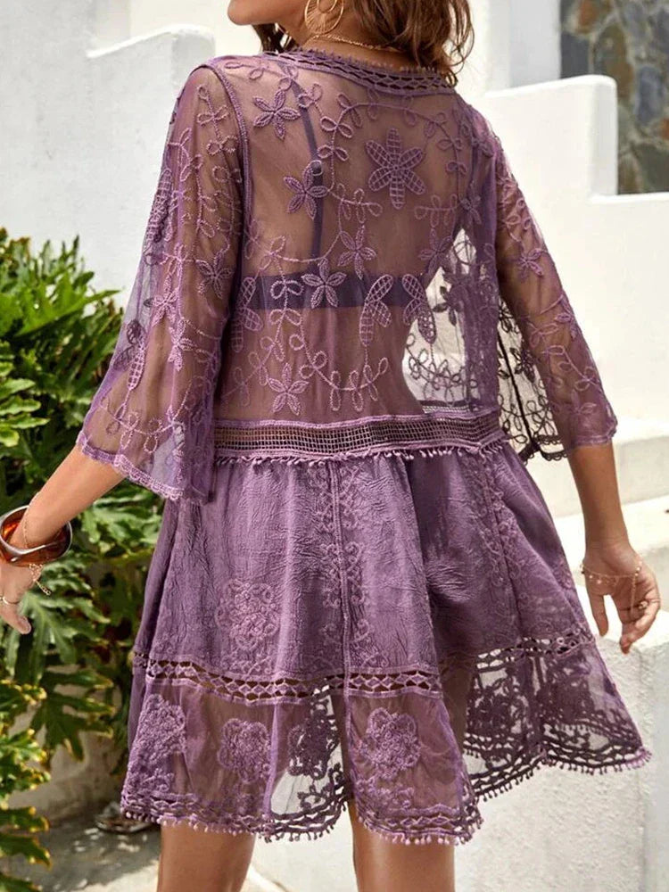 Emma | Damen Bademode-Cover-Up mit Kontrastspitze, V-Ausschnitt, locker sitzend