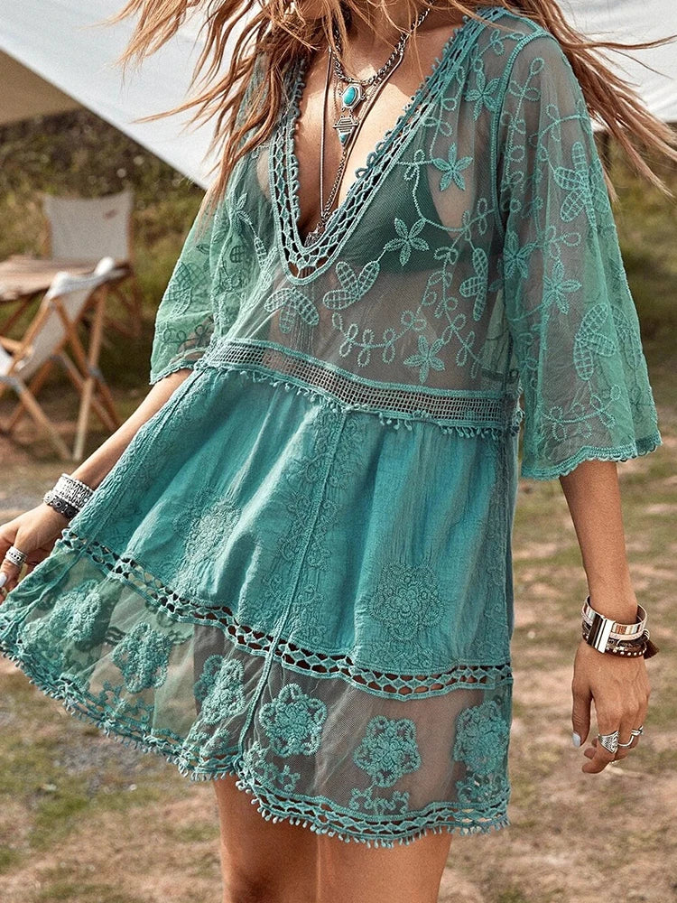 Emma | Damen Bademode-Cover-Up mit Kontrastspitze, V-Ausschnitt, locker sitzend