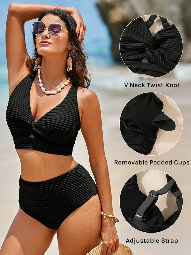 Hannah | Nahtloses, strukturiertes Bikini-Set mit Twist-Front und hoher Taille