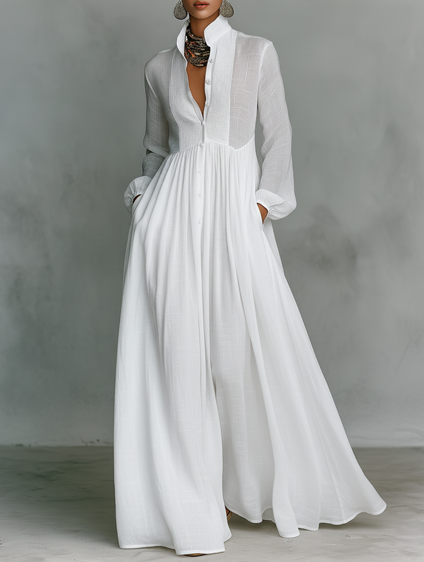 Damen Sommer Knopfleiste Leinen Maxikleid