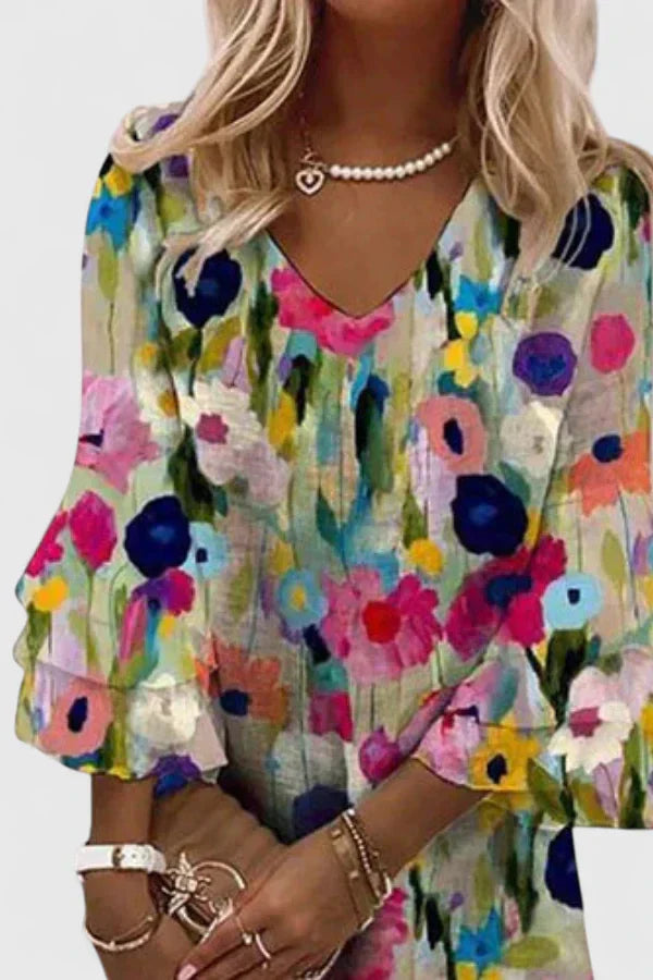 Damen Sommer V-Ausschnitt Blumenmuster Mini Kleid