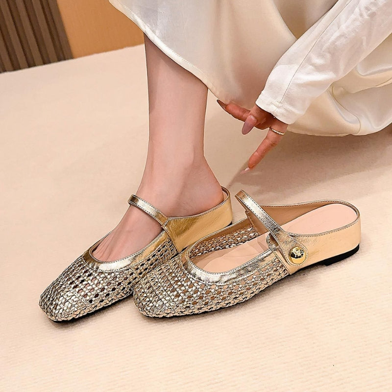 Goldie | Damen Mules Flach Mary Jane Geflochten Metallic Slipper