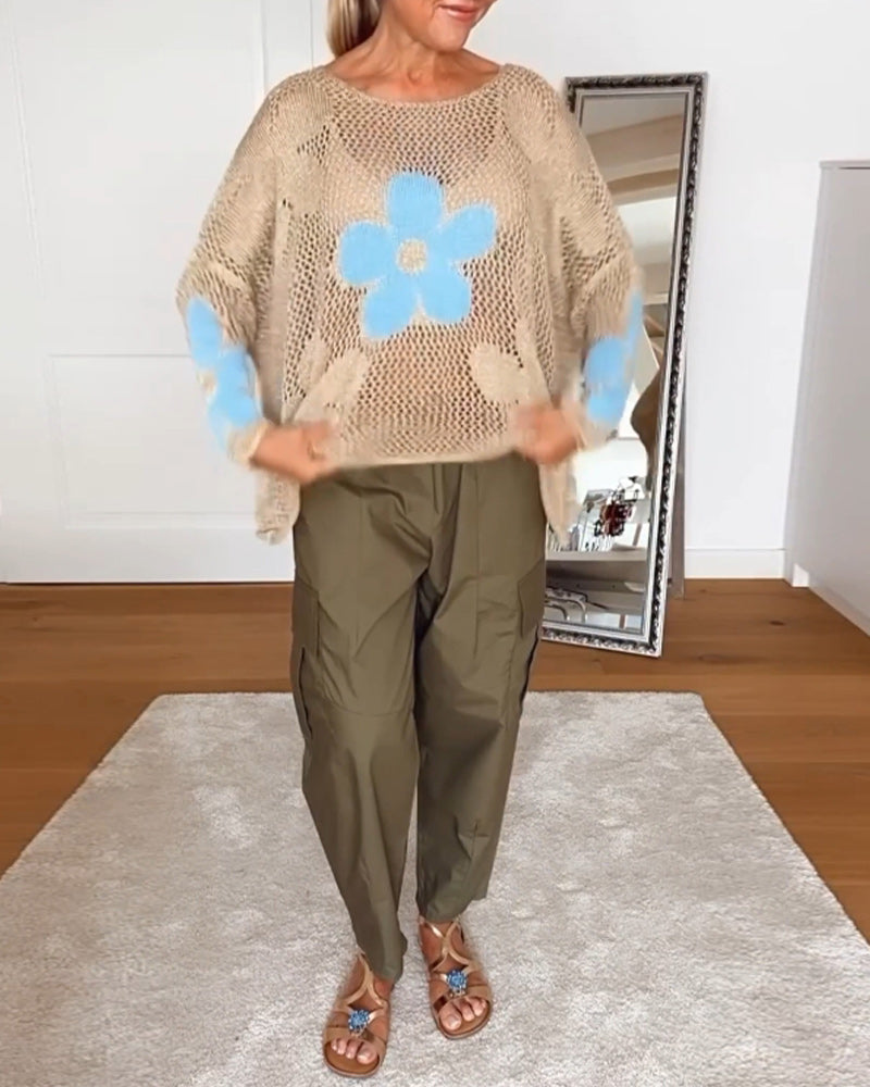 Frida | Damen Pullover Lochmuster Blumen Oversized