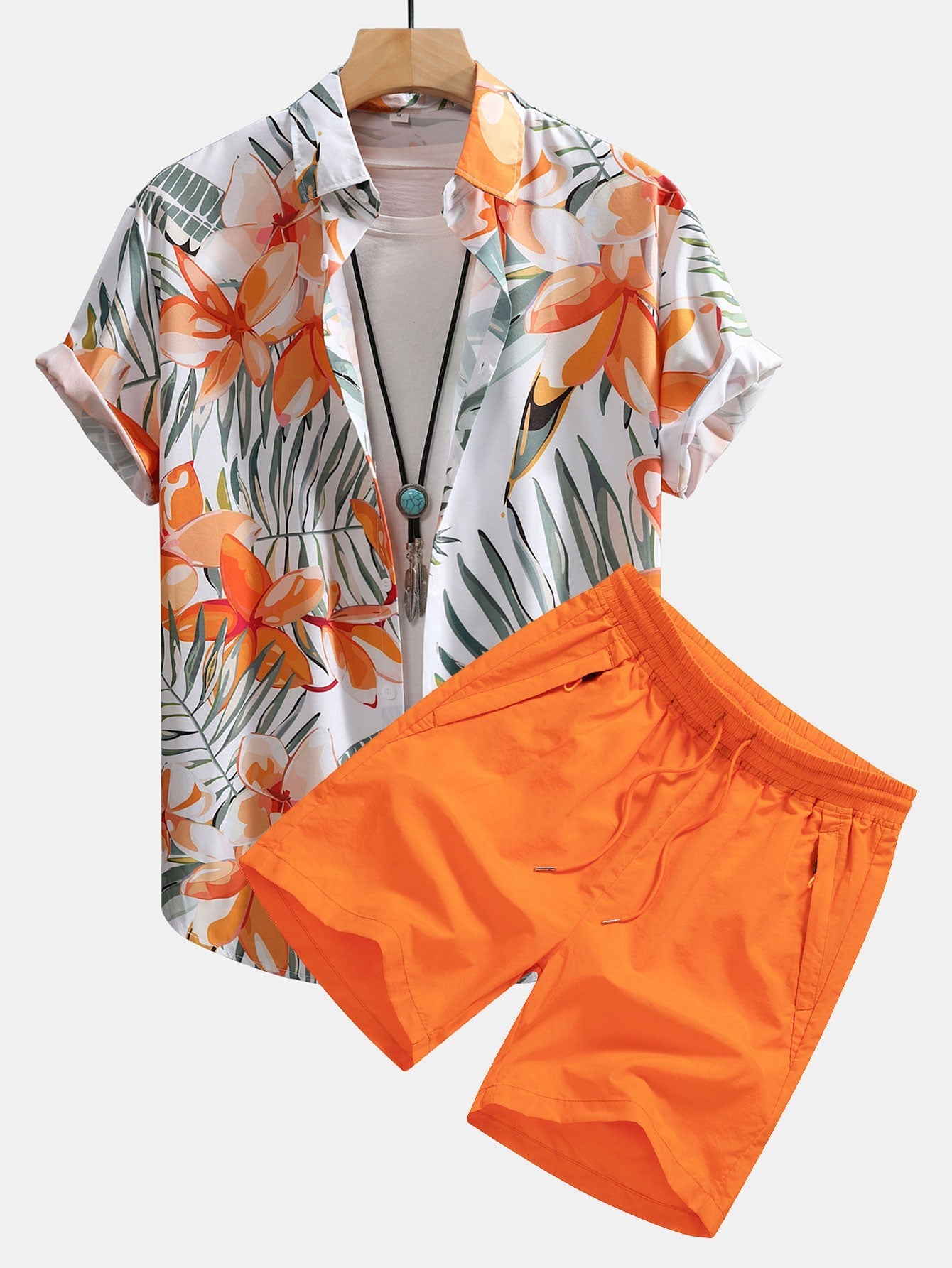 Hemd mit Blumenpflanzenmuster und Knopfleiste sowie Shorts zum Schwimmen