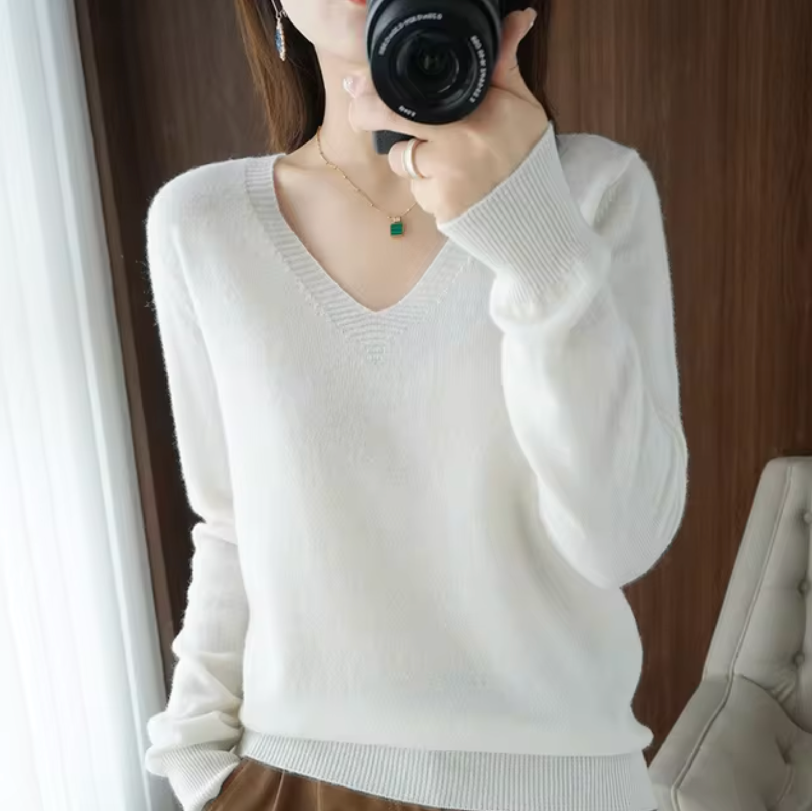 Damen V Ausschnitt Rippbündchen Strickpullover
