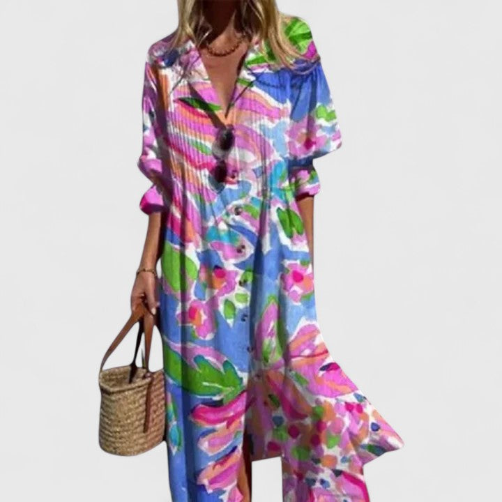 Edith | Damen Blumen Knopfleiste Vorne Midi Kleid