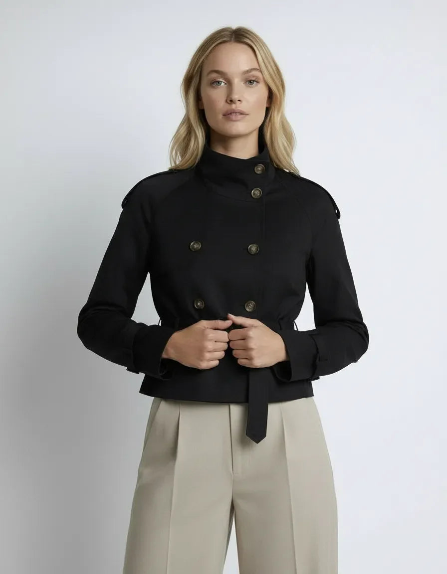 Kurzjacke für Damen im Trenchcoat-Stil mit Taillengürtel und hohem Kragen