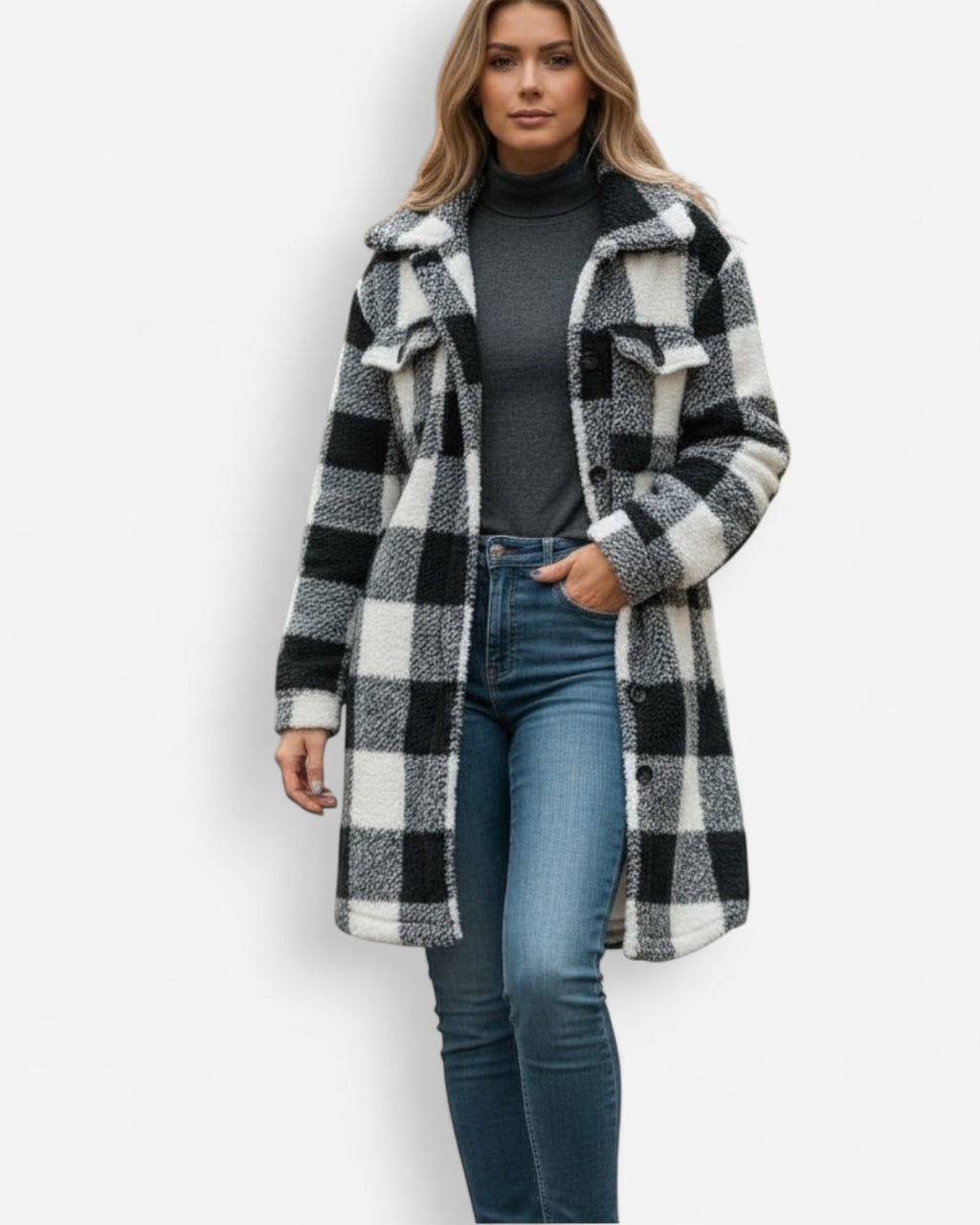 Langer Teddy-Mantel in Hemdjacken-Optik mit Karo-Muster