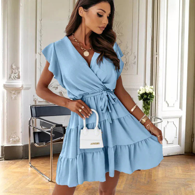 Chloe | Damen Wickelkleid Kurz V-Ausschnitt Rüschen Bindegürtel
