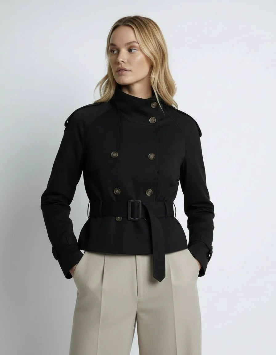 Kurzjacke für Damen im Trenchcoat-Stil mit Taillengürtel und hohem Kragen