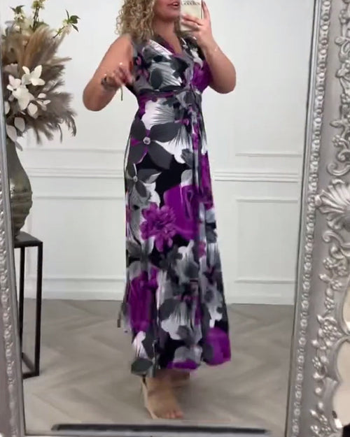 Bless | Damen Maxi Kleid Ärmellos Blumendruck V-Ausschnitt Sommer