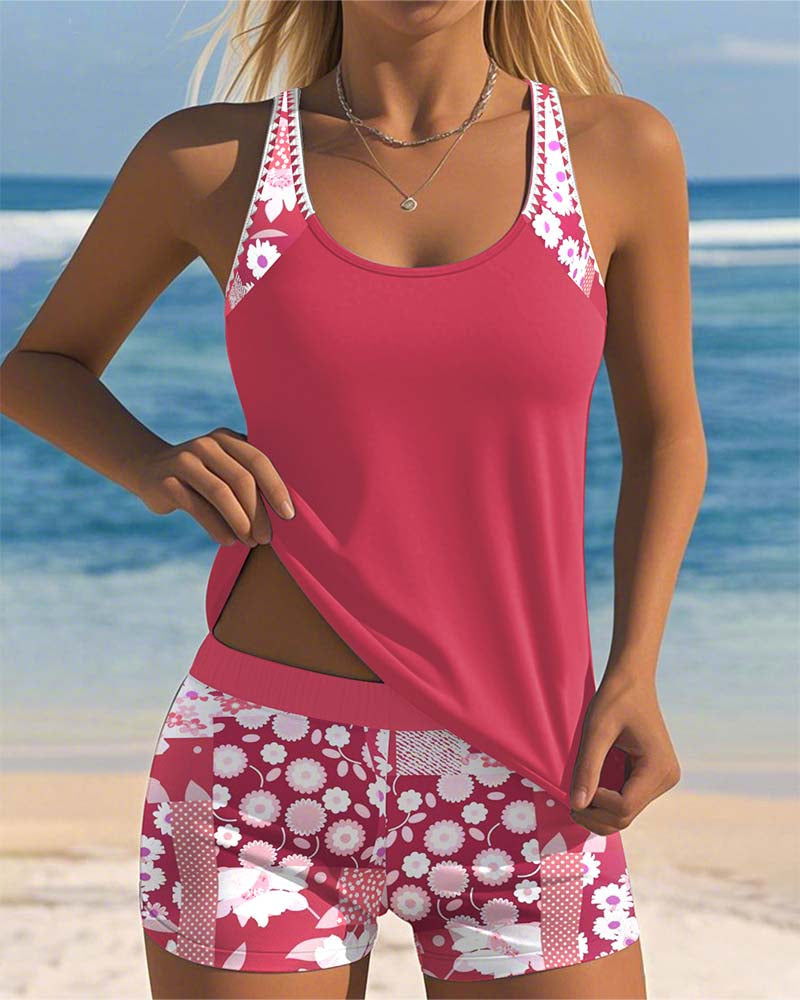 Damen Zweiteiliger Tankini Badeanzug mit Blumenmuster im Strand-Stil