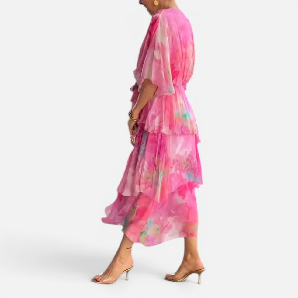 Midikleid Volants V Ausschnitt Dreiviertelarm Gemustert