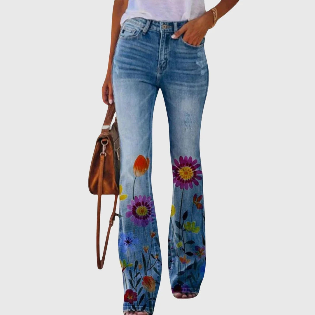 Damen Lässig Blumenmunster Enge Jeans Hose