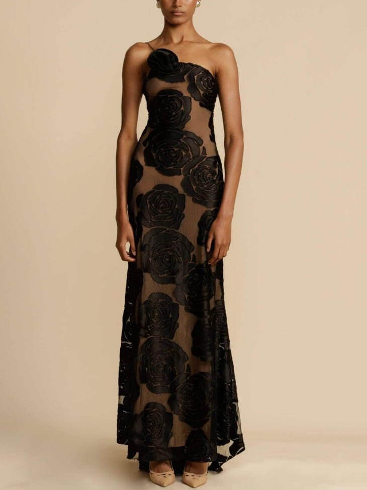 Damen Geblümtes One-Shoulder Festliches Maxi Abendkleid