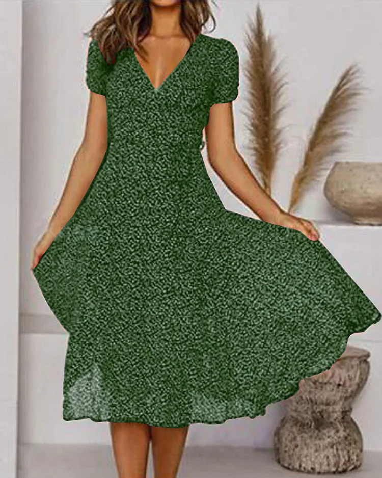 Mia | Damen Midi Kleid V-Ausschnitt Kurzarm A-Linie Sommerkleid