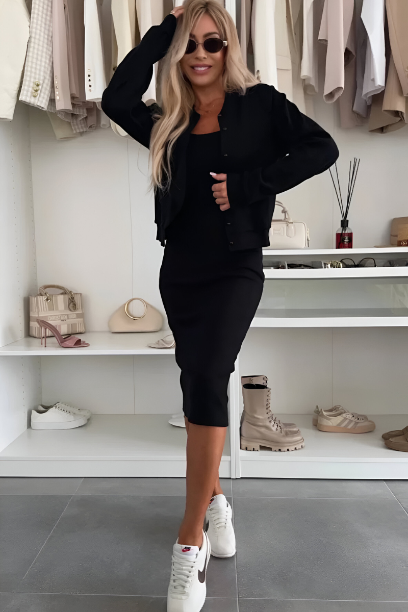 Nele | Damen Midi Kleid Set mit Cardigan Tailliert Zweiteiler