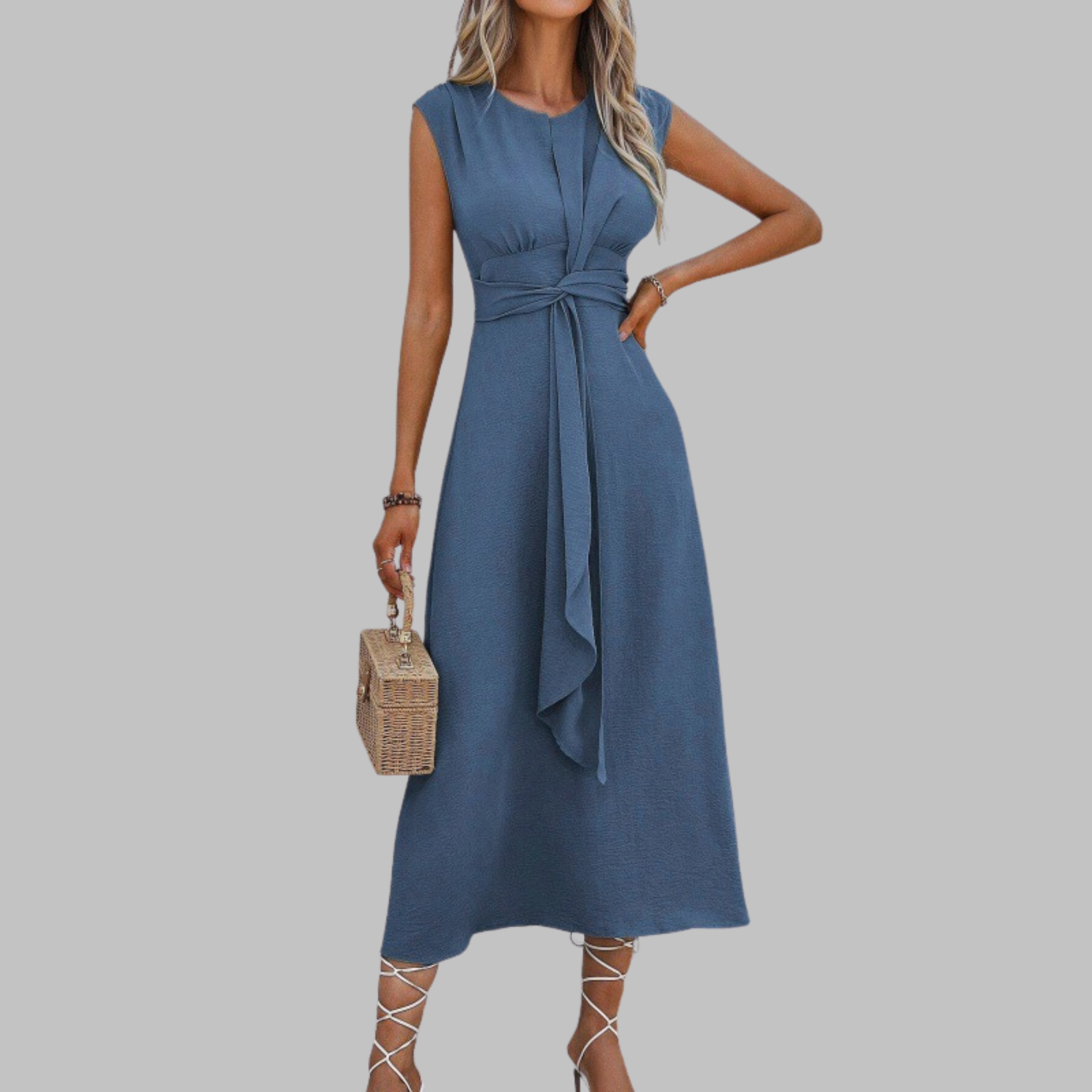 Valentina | Damen Midi-Kleid Ärmellos Bindegürtel Elegant
