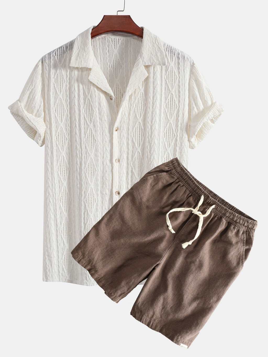 Geometrisches Jacquard Eyelet Cuban Hemd & Shorts aus Leinen-Baumwoll-Mischung
