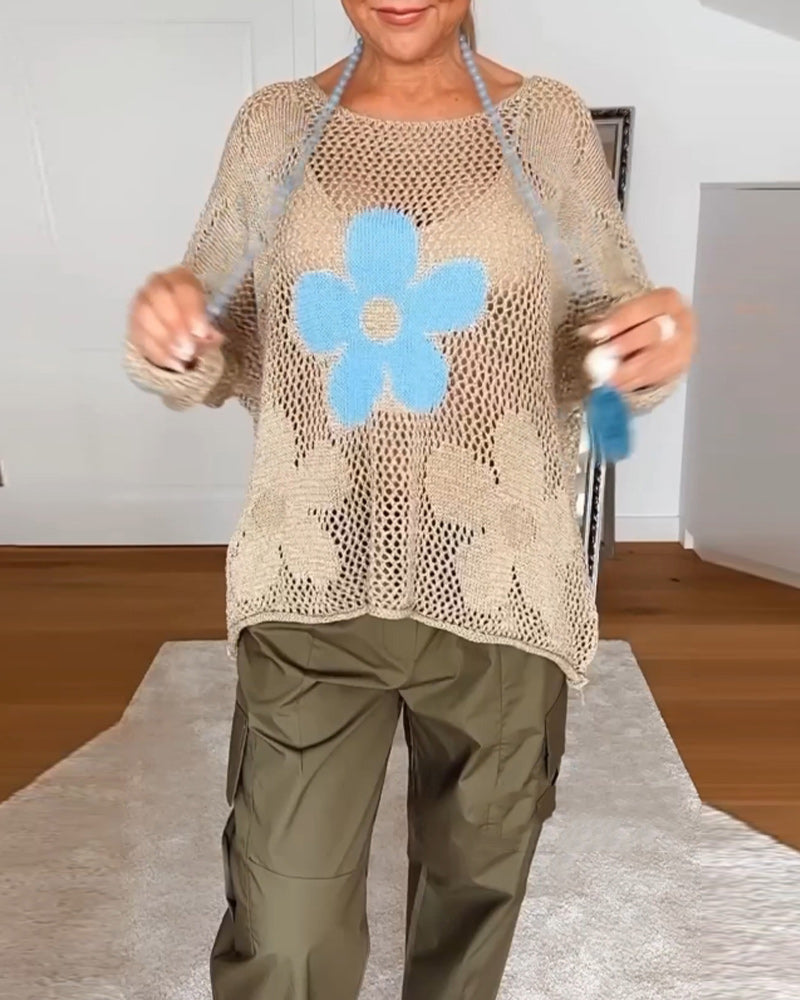 Frida | Damen Pullover Lochmuster Blumen Oversized