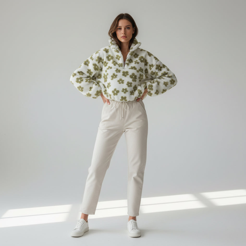 Bunter Oversize Teddy Pullover für Damen mit kurzem Reißverschluss und Stehkragen