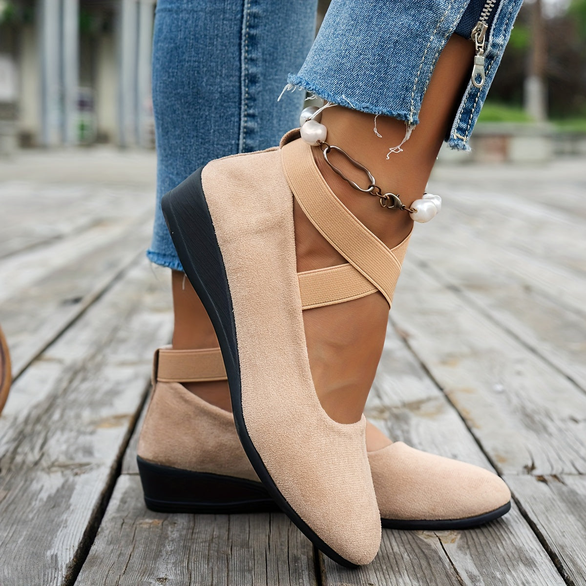 Damen Elegant Kreuzriemen Slip On Ballerina Schuhe