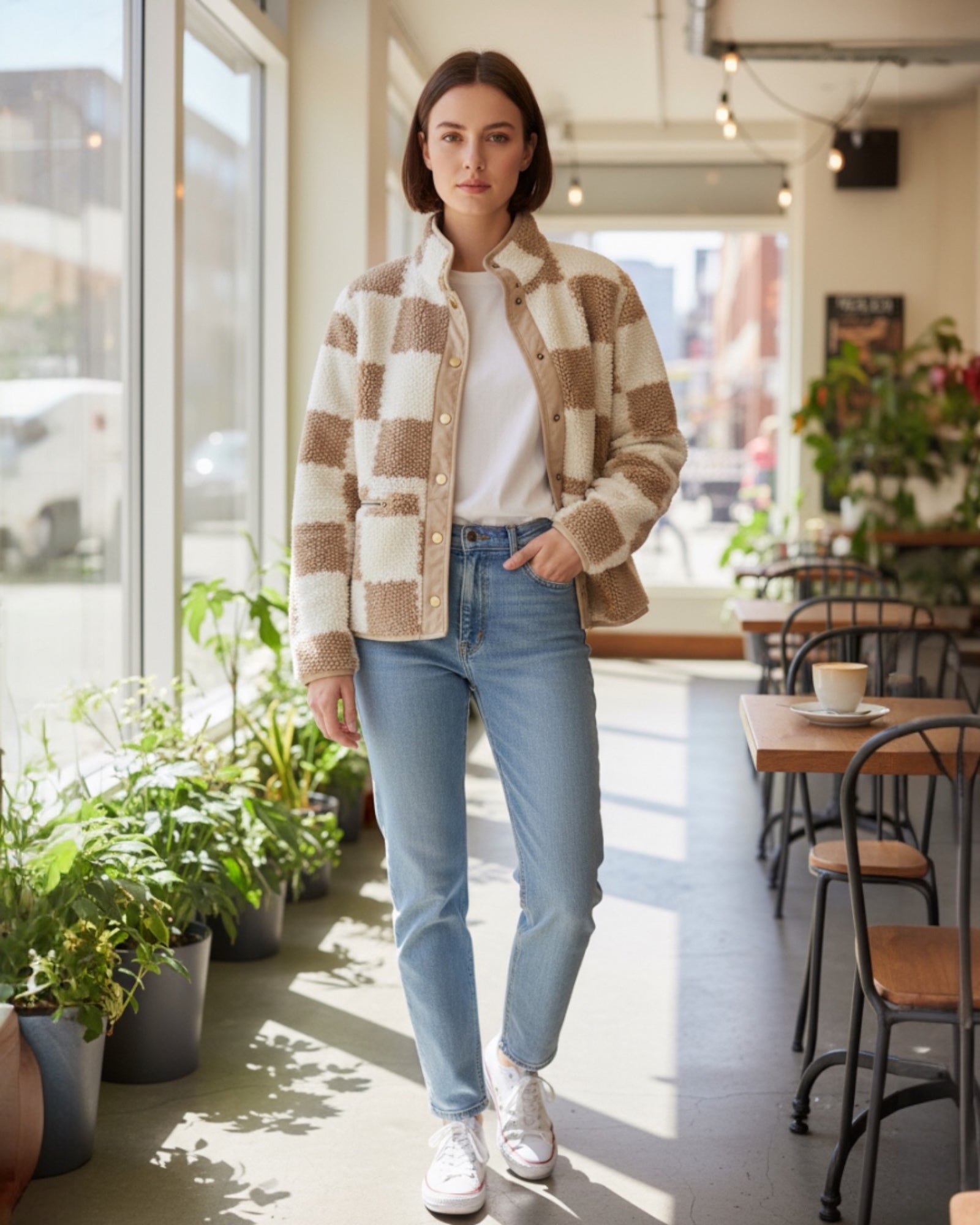 Kurze Fleece Jacke für Damen im Teddy-Look mit Stehkragen