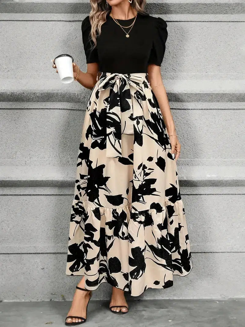 Aria | Damen Maxi-Kleid Puffärmel Blumendruck Bindegürtel