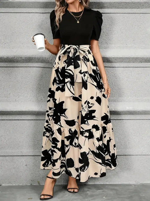 Aria | Damen Maxi-Kleid Puffärmel Blumendruck Bindegürtel