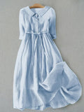 Damen Sommer Knopfleiste Leinen Midikleid