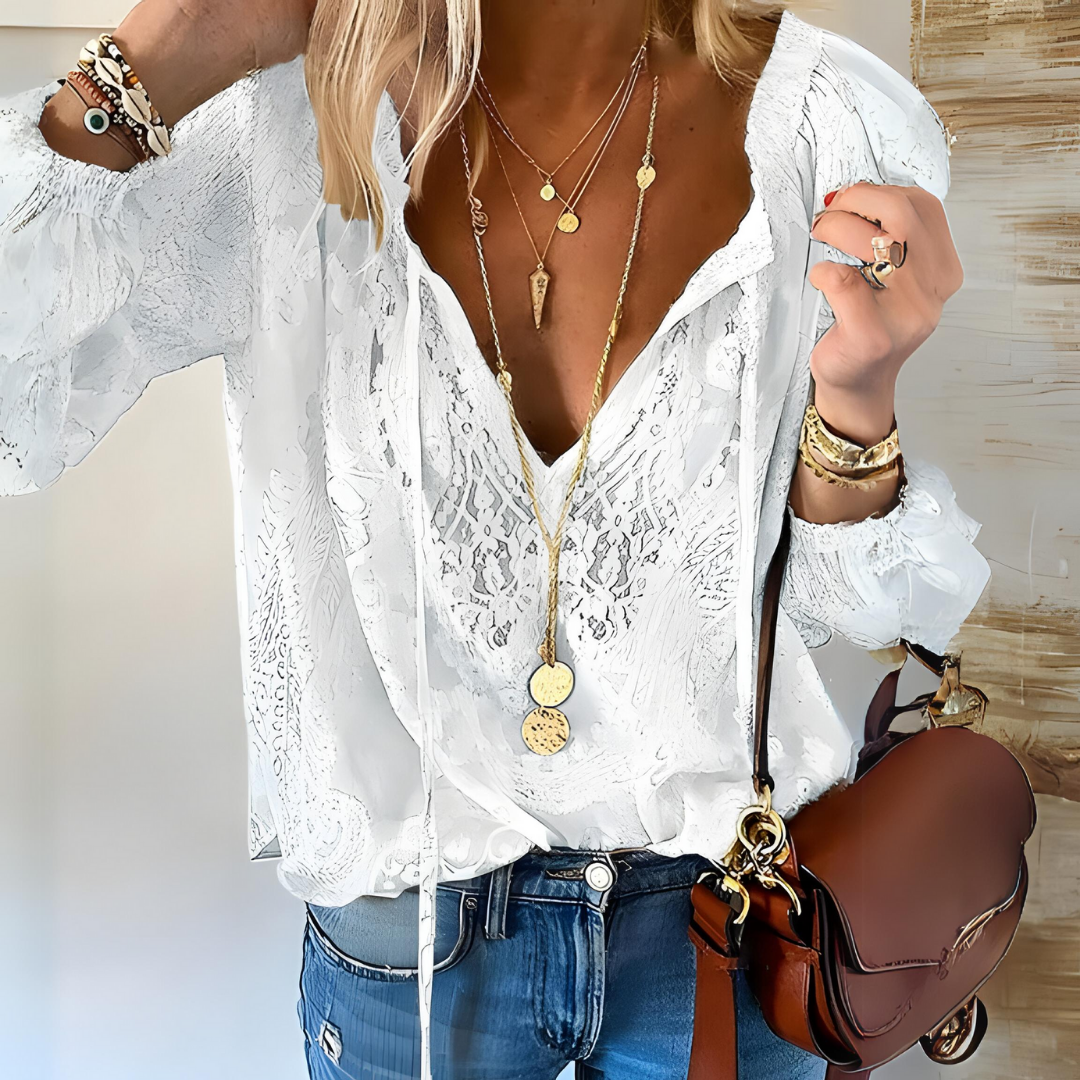 Damen V Ausschnitt Spitze Boho Bluse