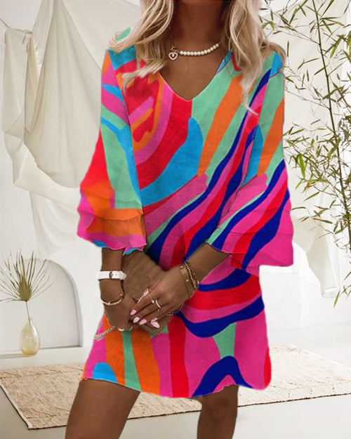 Aidela | Damen Minikleid V-Ausschnitt Trompetenärmel Buntprint