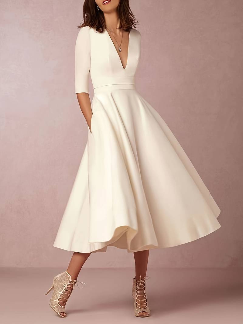 Damen Elegante V-Ausschnitt Hochzeitsgast Midikleid