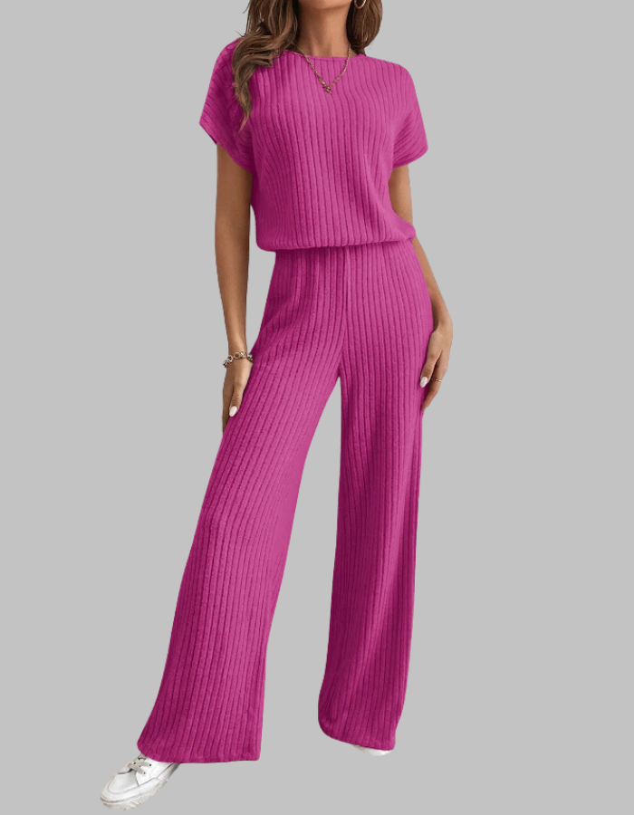 Paula | Damen Rippstrick-Set Kurzarm Top Weite Hose Casual