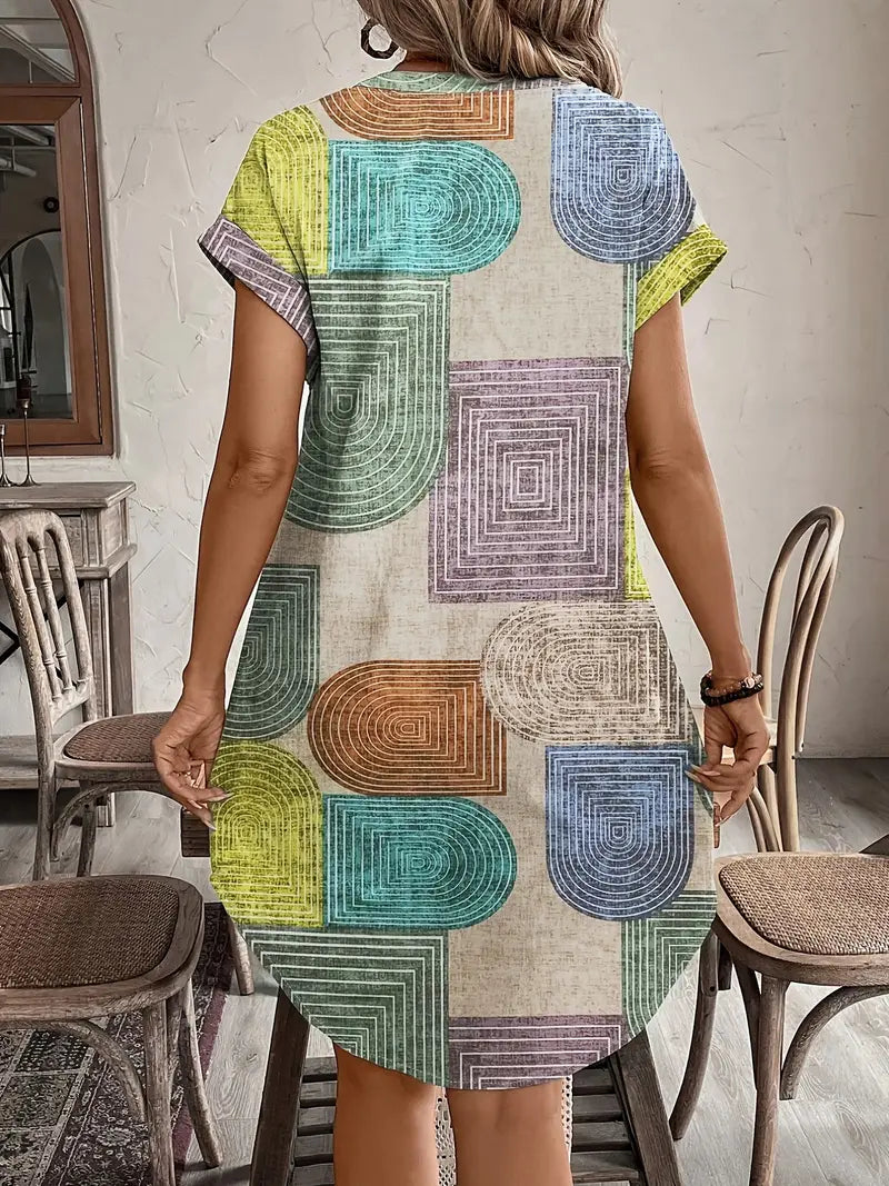 Greta | Damen Hemdblusenkleid Geometrisch Kurzarm V-Ausschnitt Midi