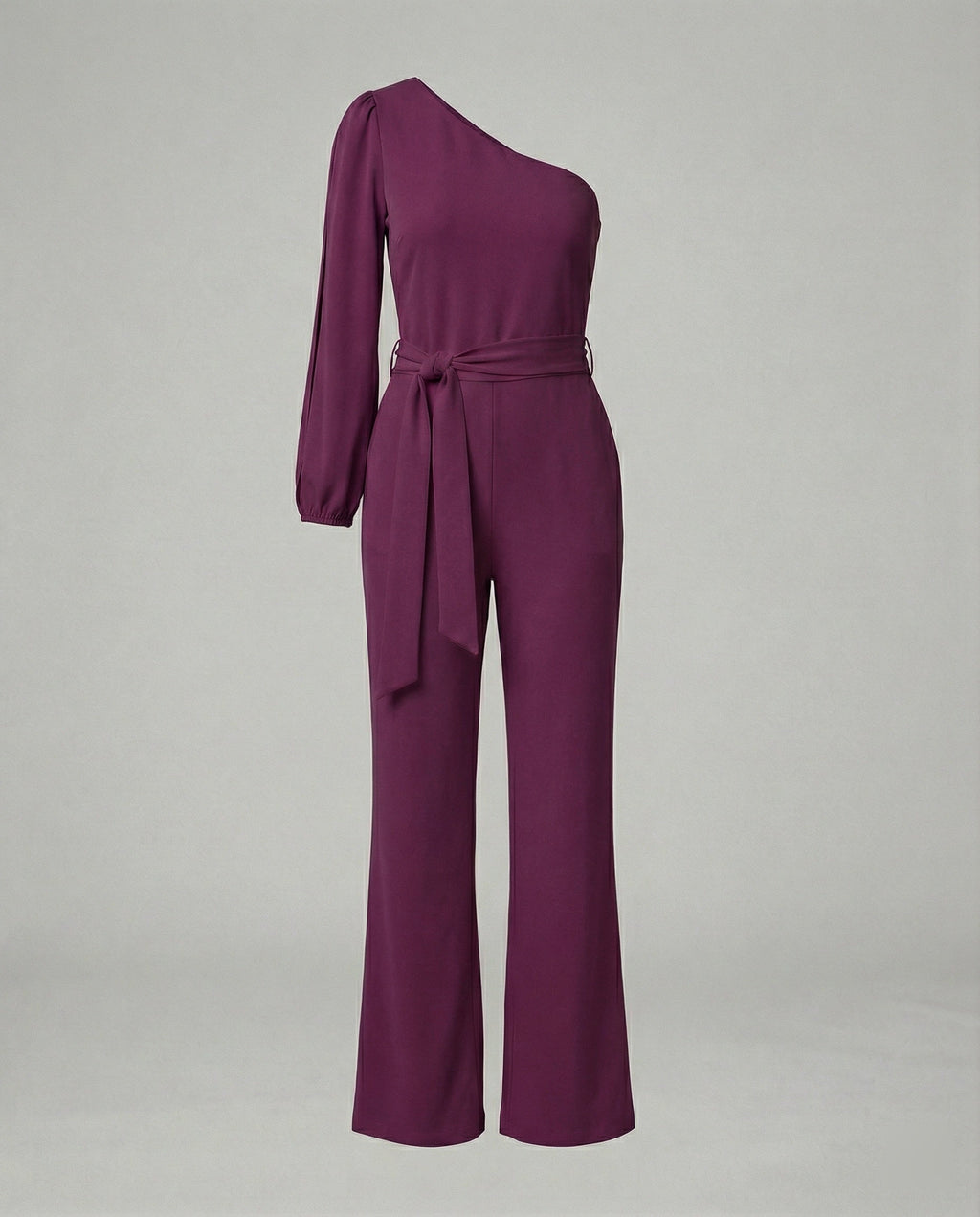 Eleganter Damen Jumpsuit im One Shoulder Schnitt mit Bindegürtel und weitem Bein