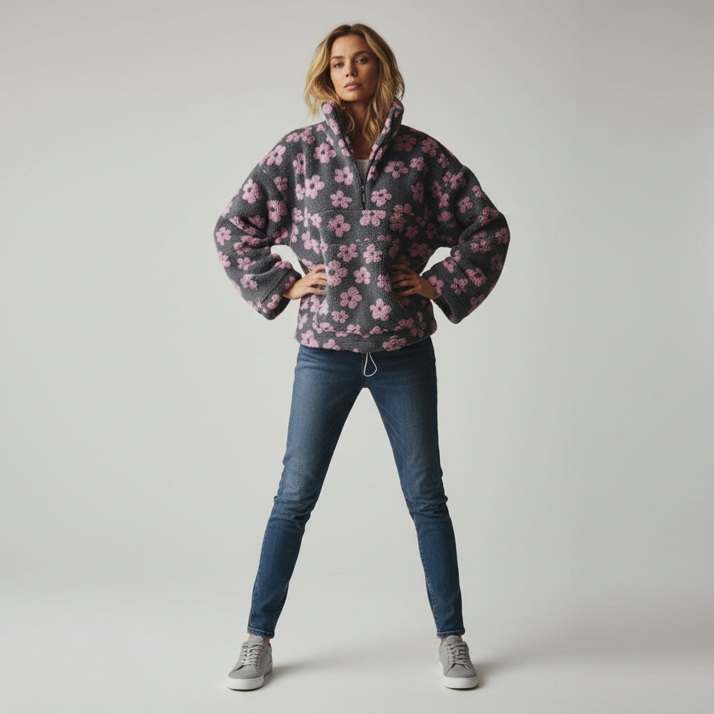 Bunter Oversize Teddy Pullover für Damen mit kurzem Reißverschluss und Stehkragen