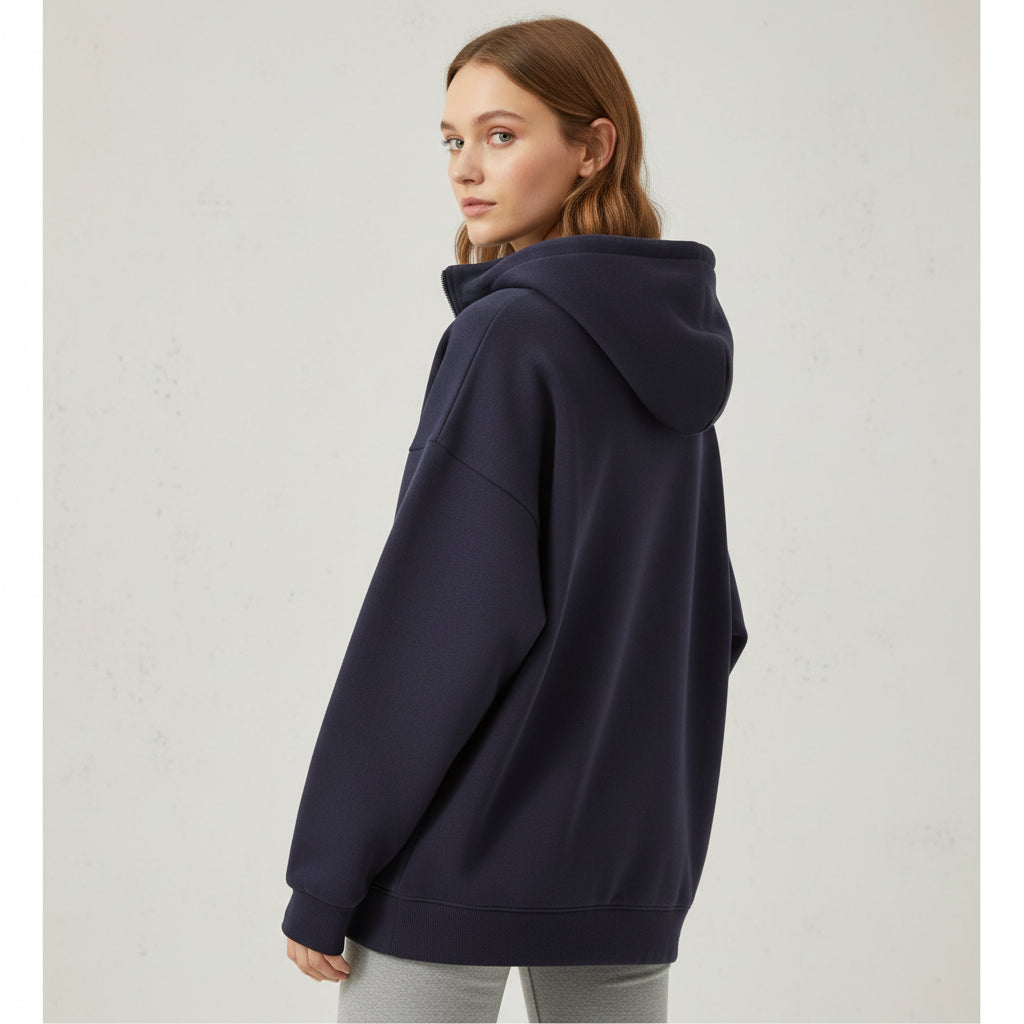 Langarm Fleece Pullover für Damen mit Kurzem Reißverschluss und Kapuze
